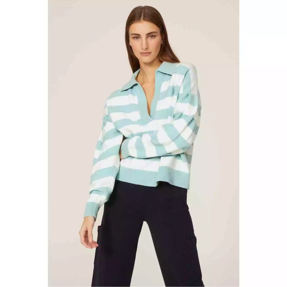 Tanya Taylor Pastel Maise Stripe Collared Pullover Oversized Sweater Vneck Large